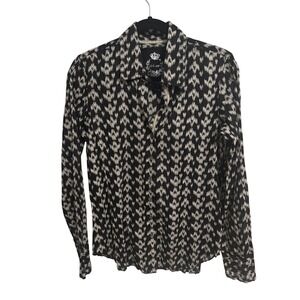 Cino | Black Cream Ikat Button Down Crinkle Shirt Cotton Sz M